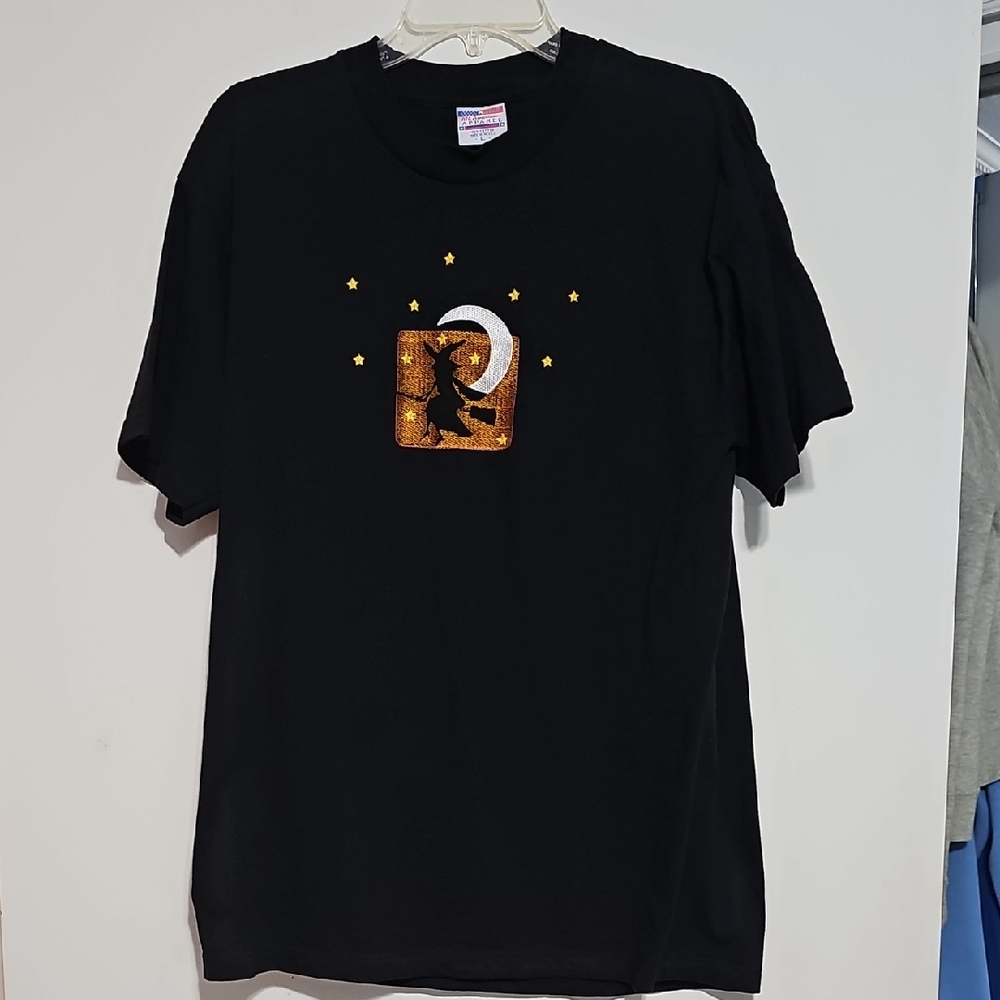 American Apparel Black Tee with Moon Stars Witch Halloween Embroidery Sz LARGE - Picture 1 of 4